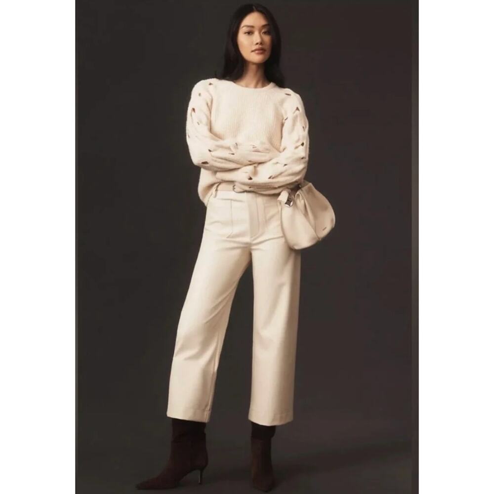 Maeve Pant 26 The Colette Wide Leg Cropped Faux Leather Beige Dressy Office Chic